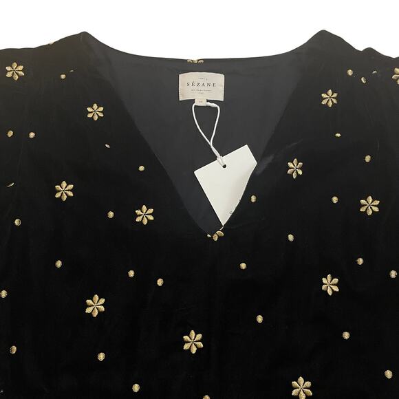 Sézane 36 Galeo Velvet Blouse | Black Gold Embroidered Flowers, US 4 S, NWT - Picture 3 of 15